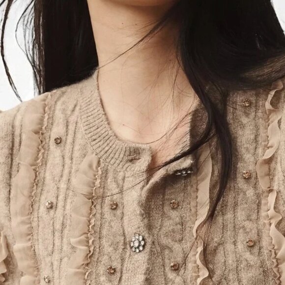 NWT - MAEVE Short-Sleeve Crystal Embellished Ruffled Cardigan Sweater - Size L - Picture 3 of 16